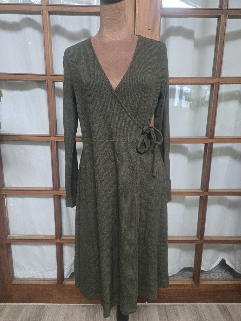 Old Navy Olive Green Long Sleeve Wrap Knit Dress